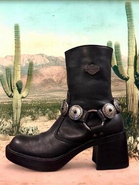 🌵Vintage Harley Davidson Chunky Platform Boots w/ Custom Concho Harnesses🌵
